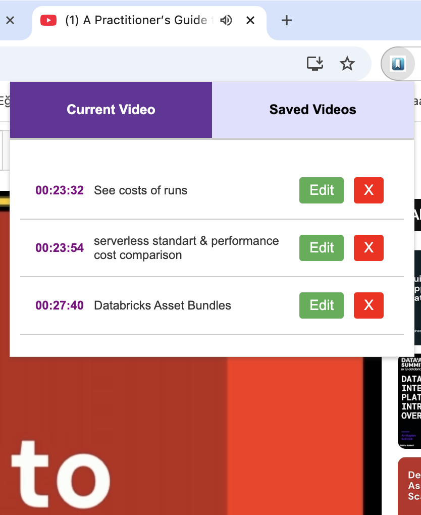 Bookmark list panel showing multiple saved timestamps with editable titles